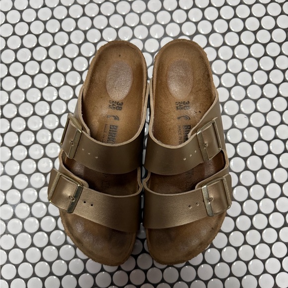 Birkenstock Shoes - Birkenstock Two-Strap Sandals in Metallic Bronze